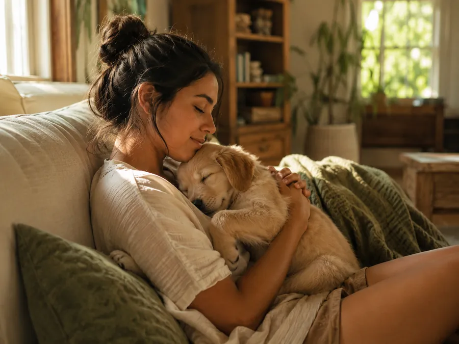 Una mujer sostiene a un cachorro golden dormido contra su pecho en el sofá.